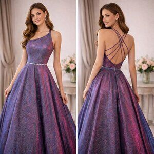 BLUSH PROM Galaxy Grad Dress Sparkling One-Shoulder Gown Multi Strap Back Size 2